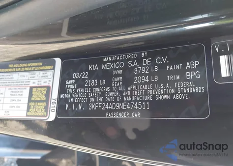 2022 Kia Forte Lxs z USA, uszkodzony, nr VIN 3KPF24AD9NE474511